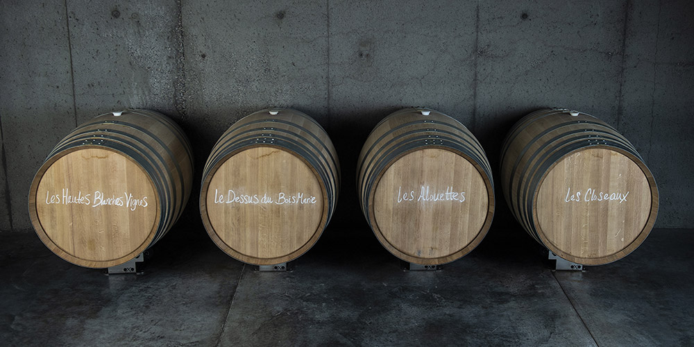 4 Rhone Valley oak barrels, 1 for each vineyard, Les Hautes Blanches Vignes, Le Dessus du Bois Marie, Les Alouettes and Les Closeaux Champagnes.